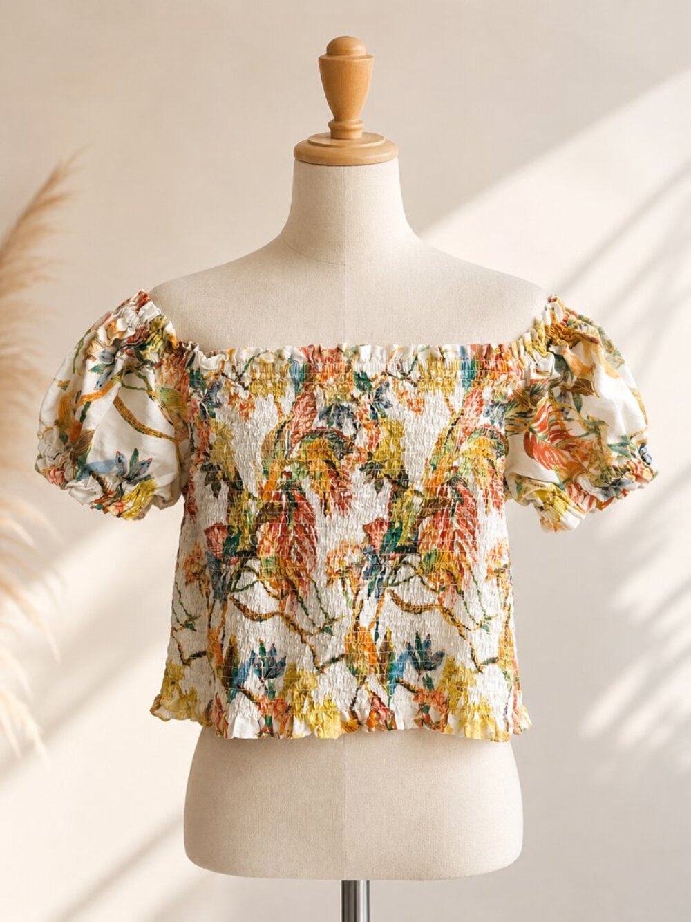 Rose + Oliv Floral Smocked Off-Shoulder Crop Top | Size M